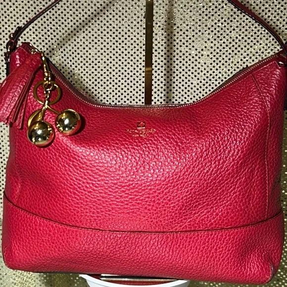 Kate Spade NY Red Pebbled Leather Hobo Bag w/Gold Keychain 15” x 11” x 3” EUC - Picture 1 of 14